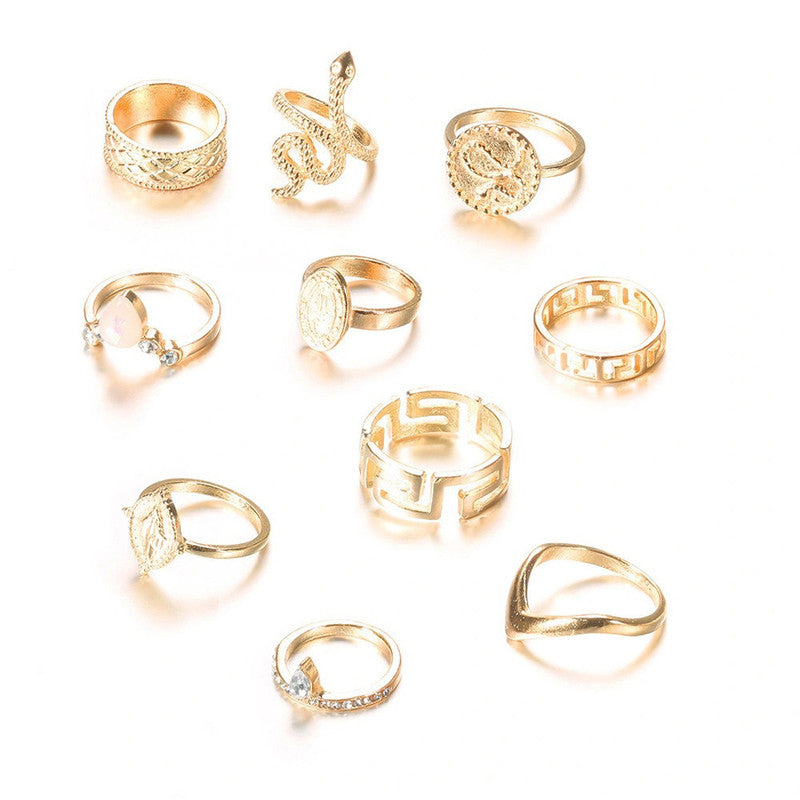 Gold Plated Snake Inspired Stackable Rings Set of 10