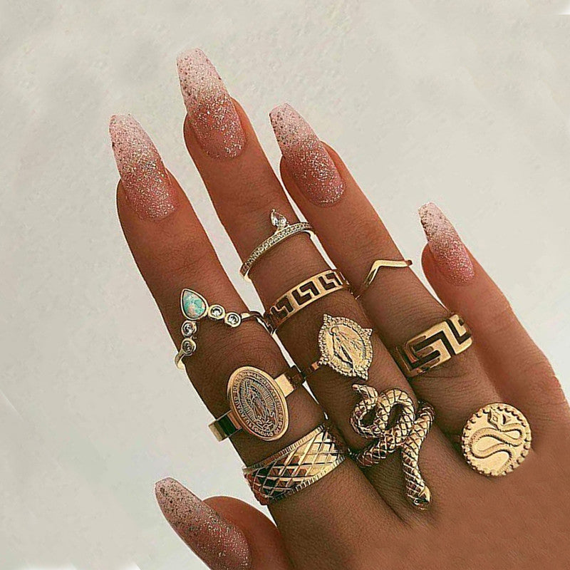 Gold Plated Snake Inspired Stackable Rings Set of 10