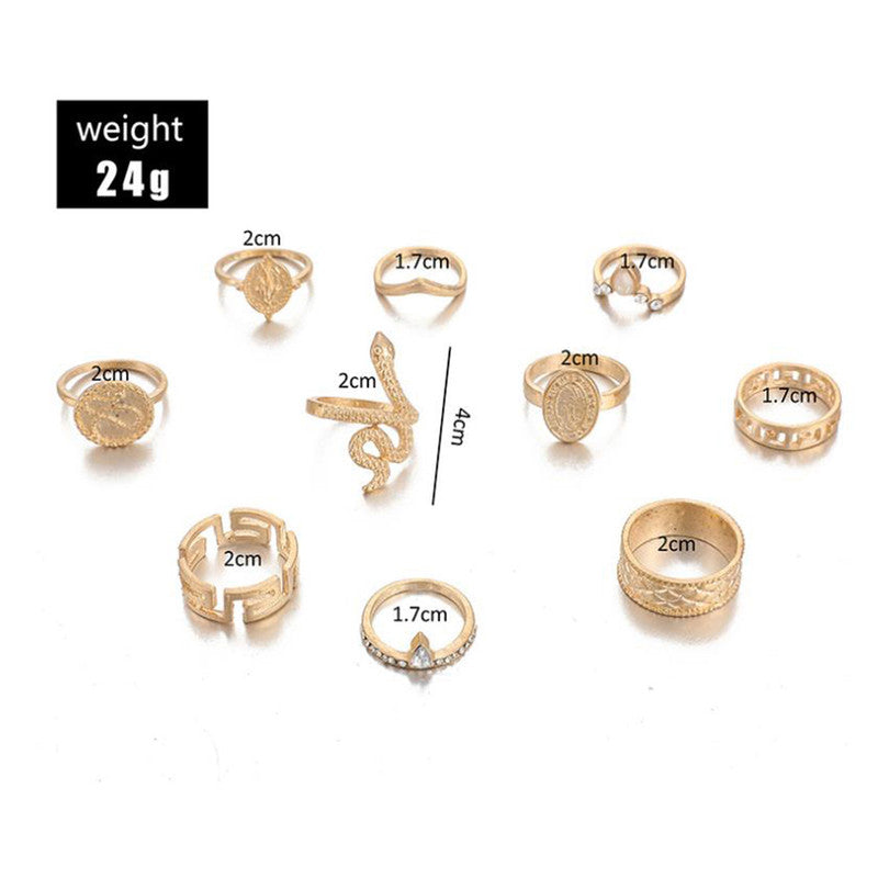 Gold Plated Snake Inspired Stackable Rings Set of 10