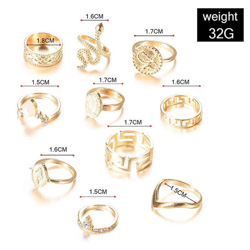 Gold Plated Snake Inspired Stackable Rings Set of 10