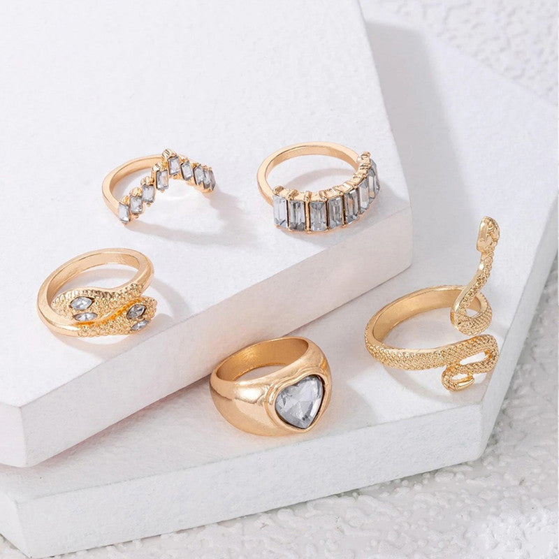 Gold Plated Gold-Toned Heart-Snake Inspired Stackable Rings Set of 5