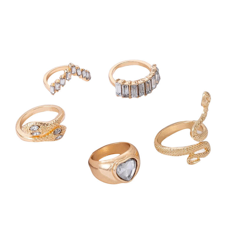 Gold Plated Gold-Toned Heart-Snake Inspired Stackable Rings Set of 5