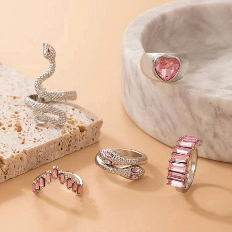 Silver Plated Pink Stone Studded Heart-Snake Inspired Stackable Rings Set of 5