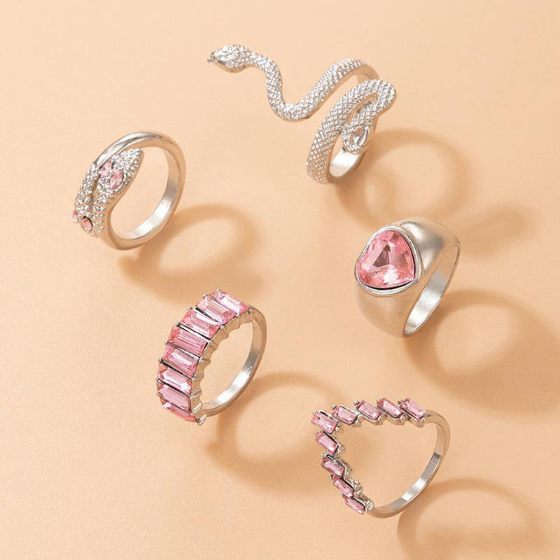 Silver Plated Pink Stone Studded Heart-Snake Inspired Stackable Rings Set of 5