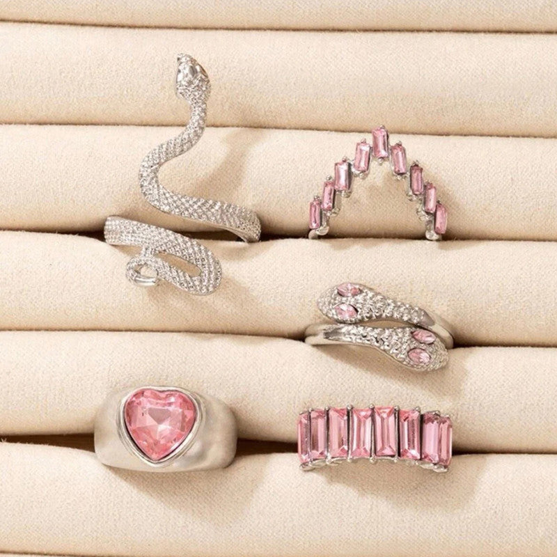 Silver Plated Pink Stone Studded Heart-Snake Inspired Stackable Rings Set of 5