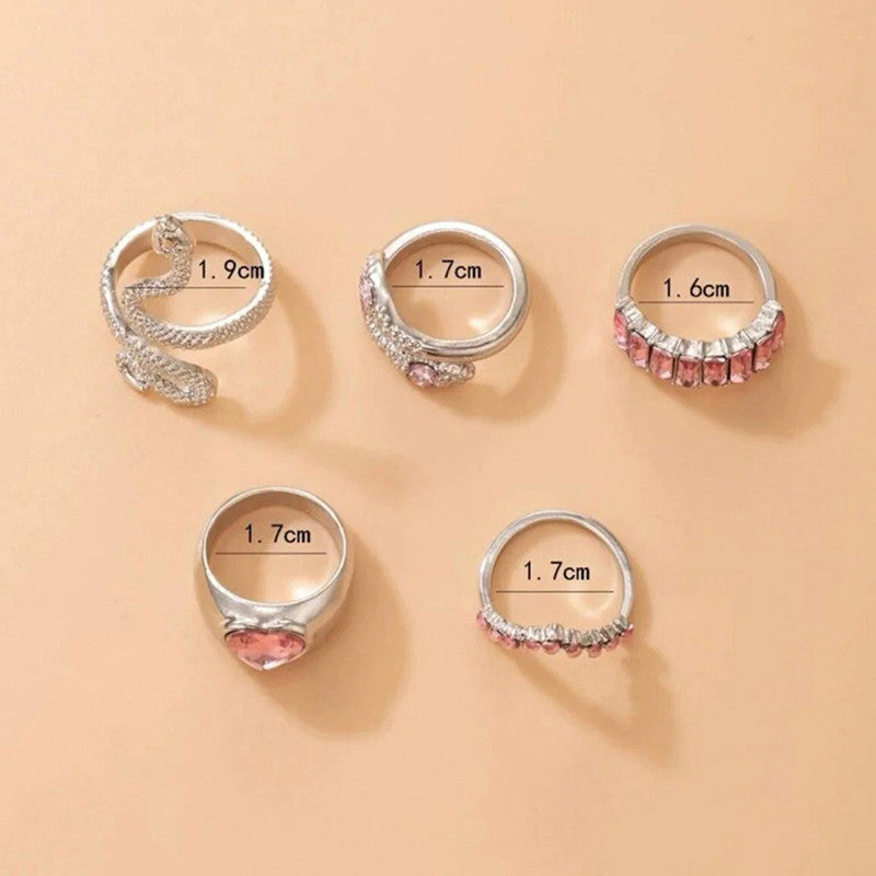 Silver Plated Pink Stone Studded Heart-Snake Inspired Stackable Rings Set of 5