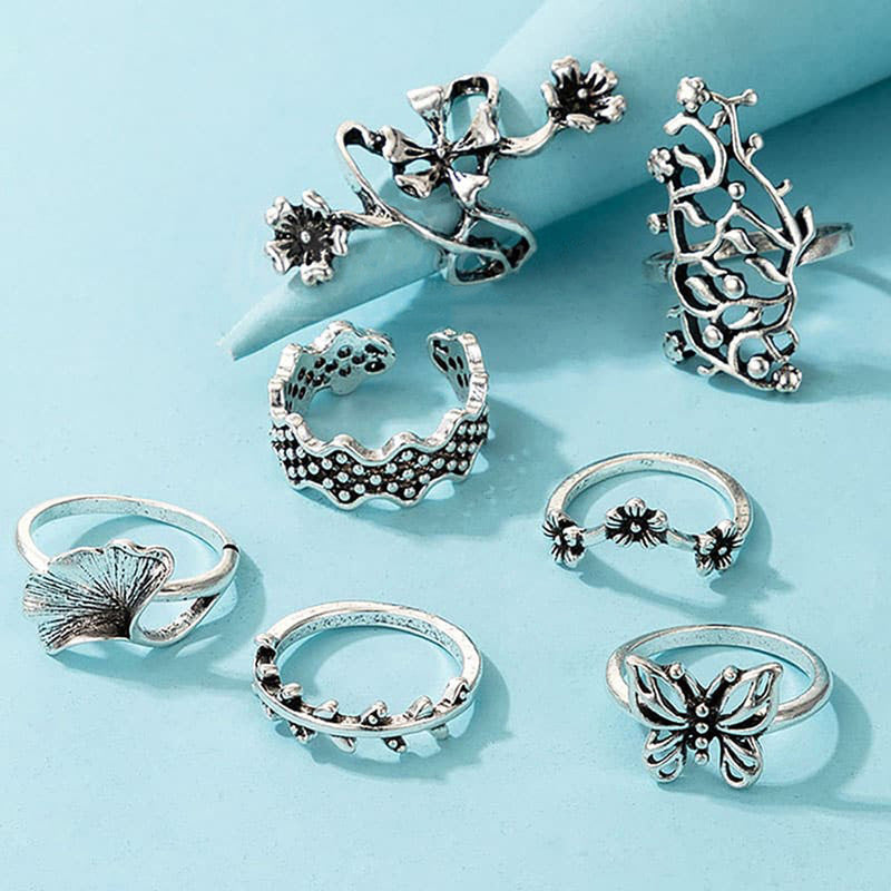 Silver Plated Floral Contemporary Stackable Rings Set of 7