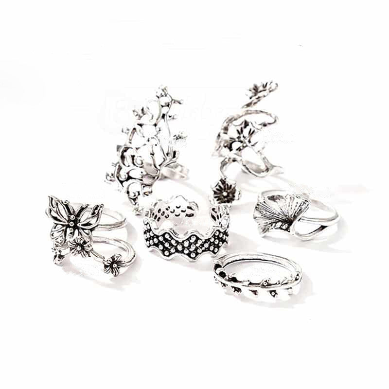 Silver Plated Floral Contemporary Stackable Rings Set of 7