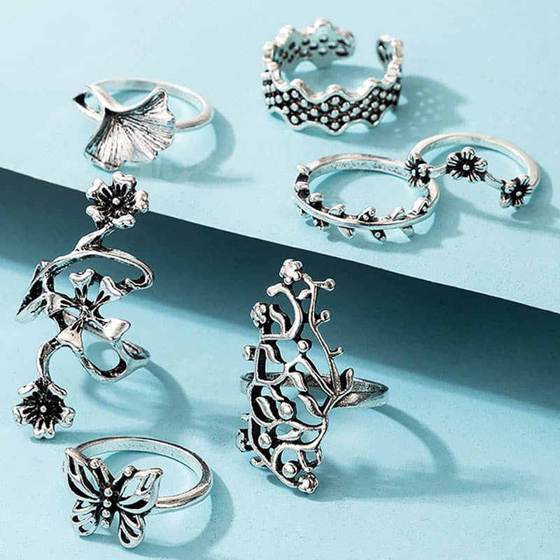 Silver Plated Floral Contemporary Stackable Rings Set of 7