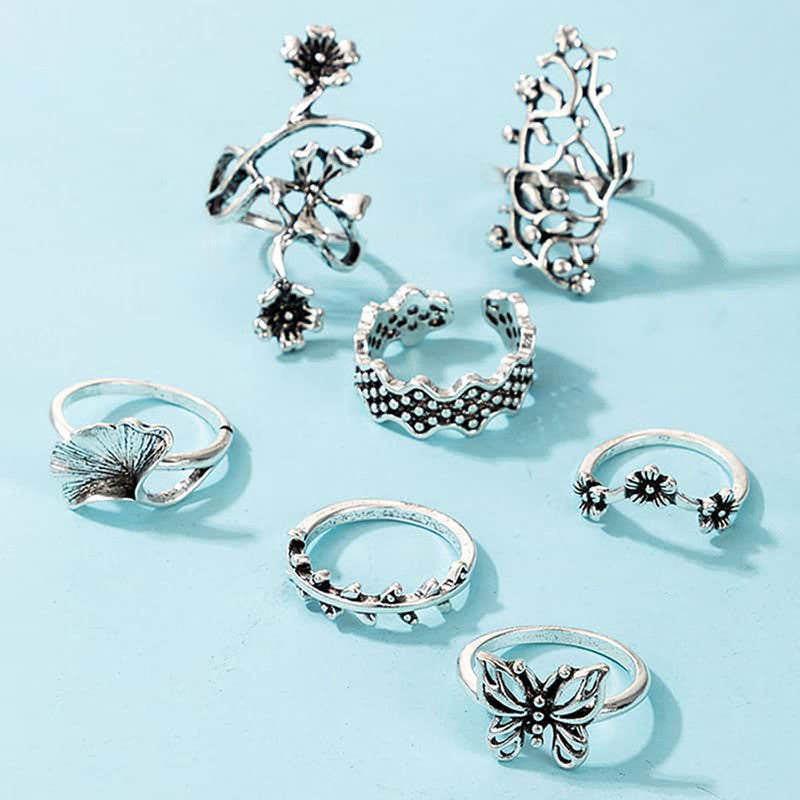 Silver Plated Floral Contemporary Stackable Rings Set of 7