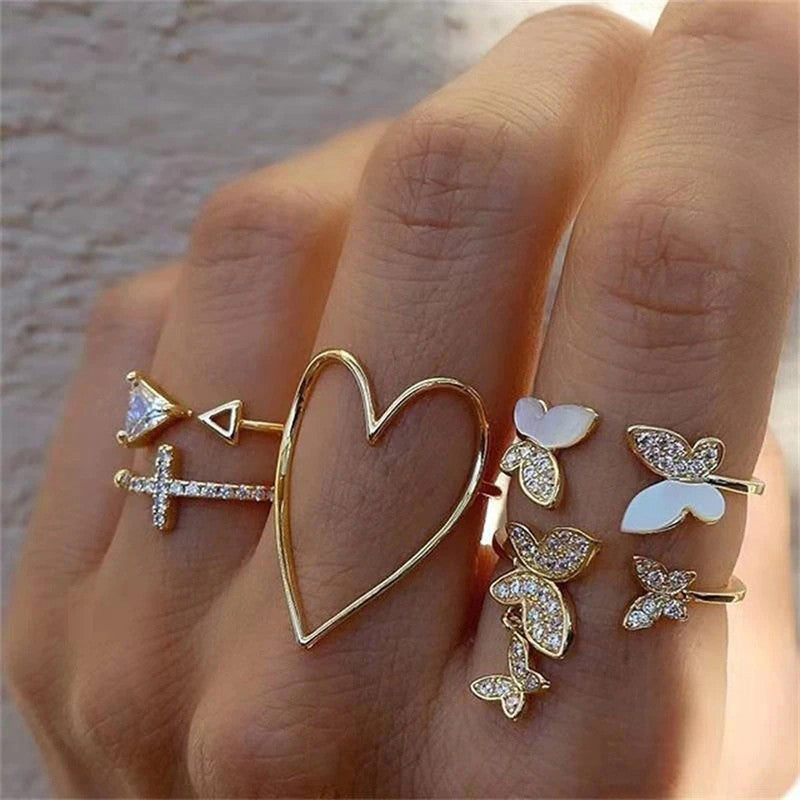 Gold Plated Contemporary Butterfly-Heart Stackable Rings Set of 5 For Women - MySmartBazaar