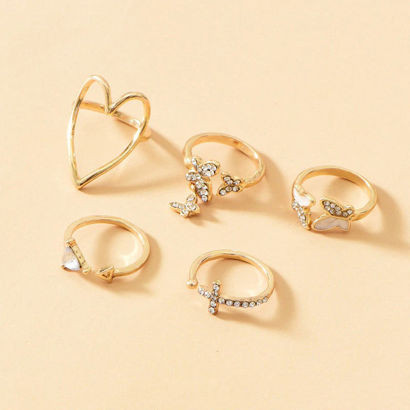 Gold Plated Contemporary Butterfly-Heart Stackable Rings Set of 5 For Women