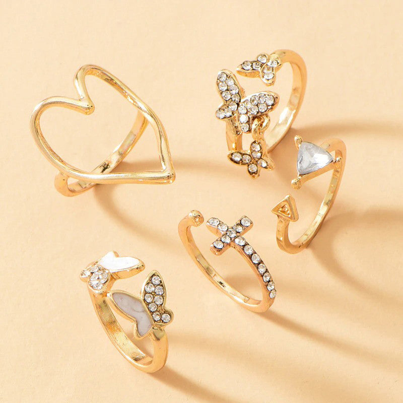 Gold Plated Contemporary Butterfly-Heart Stackable Rings Set of 5 For Women