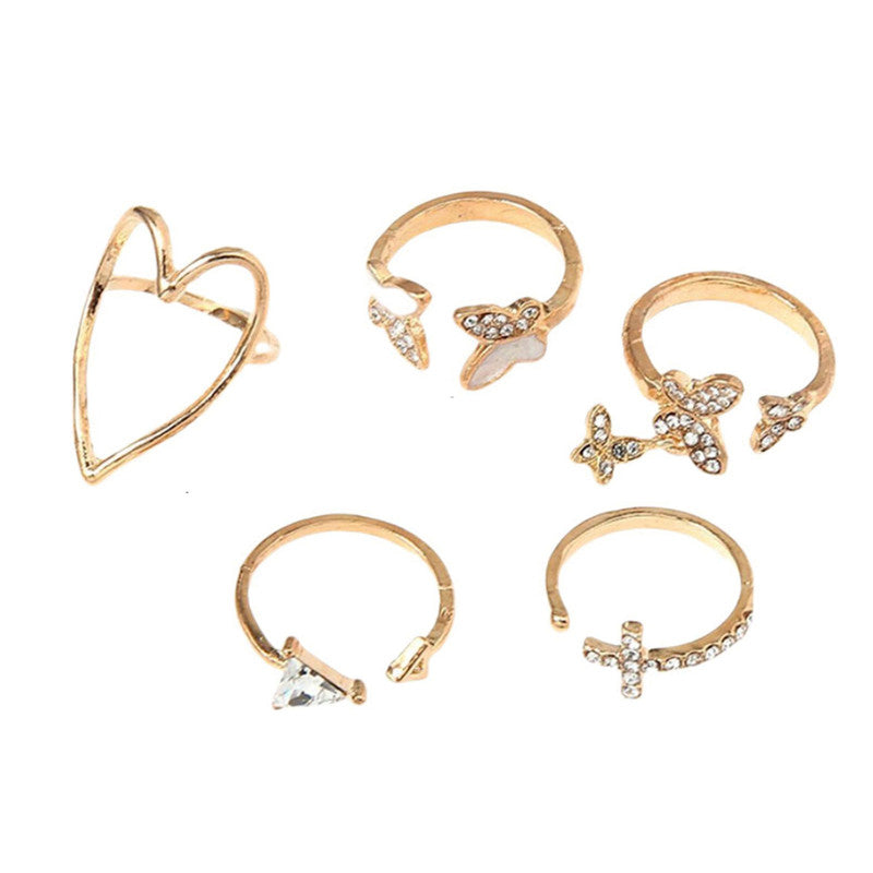 Gold Plated Contemporary Butterfly-Heart Stackable Rings Set of 5 For Women