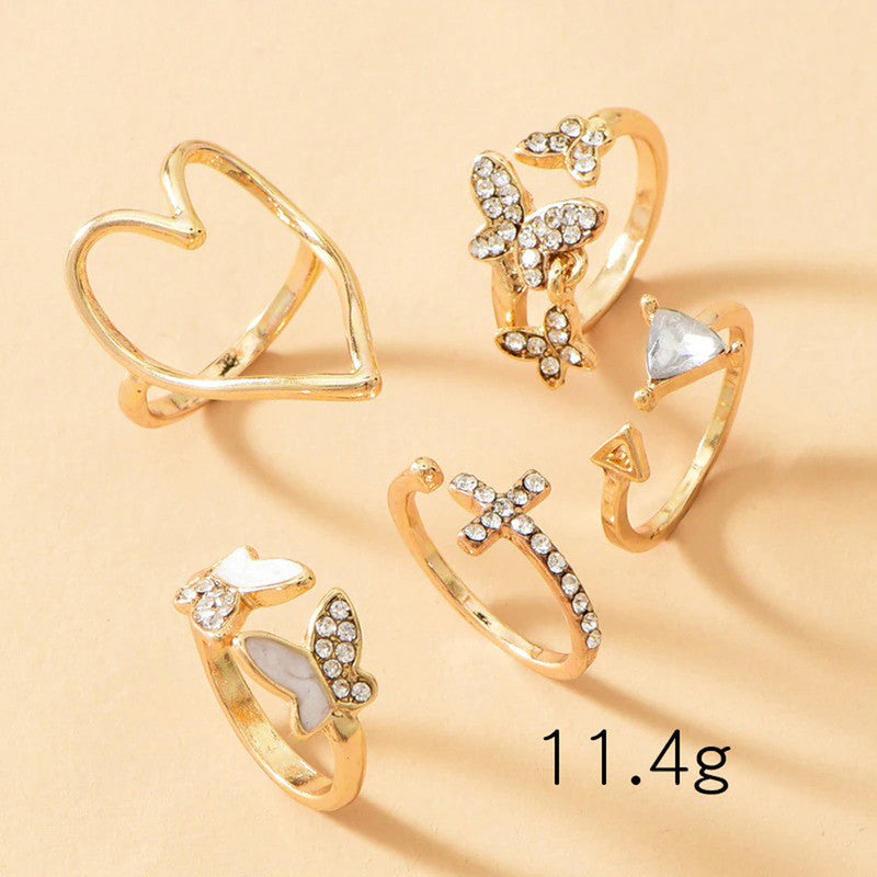 Gold Plated Contemporary Butterfly-Heart Stackable Rings Set of 5 For Women