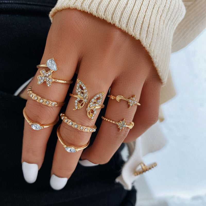 Gold Plated Contemporary Butterfly Inspired Stackable Rings Set of 8 For Women