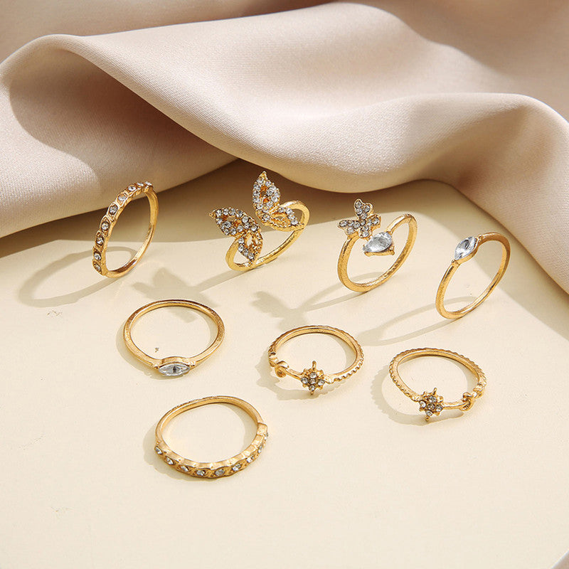 Gold Plated Contemporary Butterfly Inspired Stackable Rings Set of 8 For Women