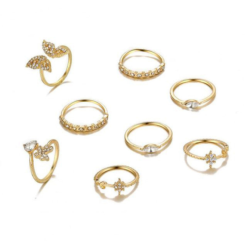 Gold Plated Contemporary Butterfly Inspired Stackable Rings Set of 8 For Women