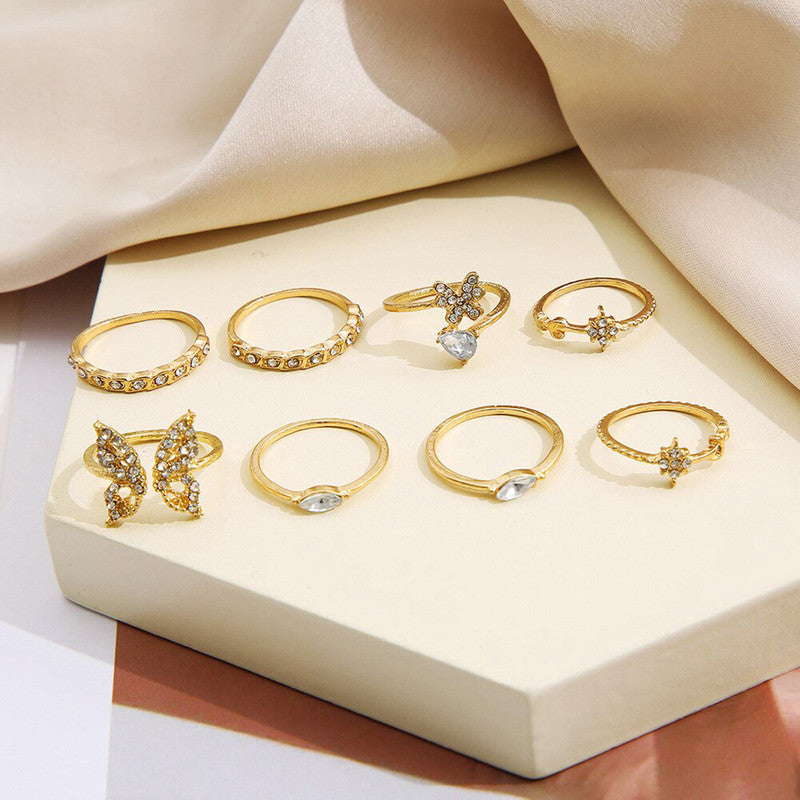 Gold Plated Contemporary Butterfly Inspired Stackable Rings Set of 8 For Women