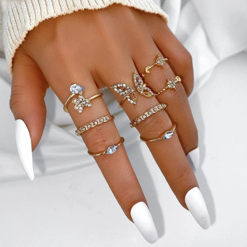 Gold Plated Contemporary Butterfly Inspired Stackable Rings Set of 8 For Women