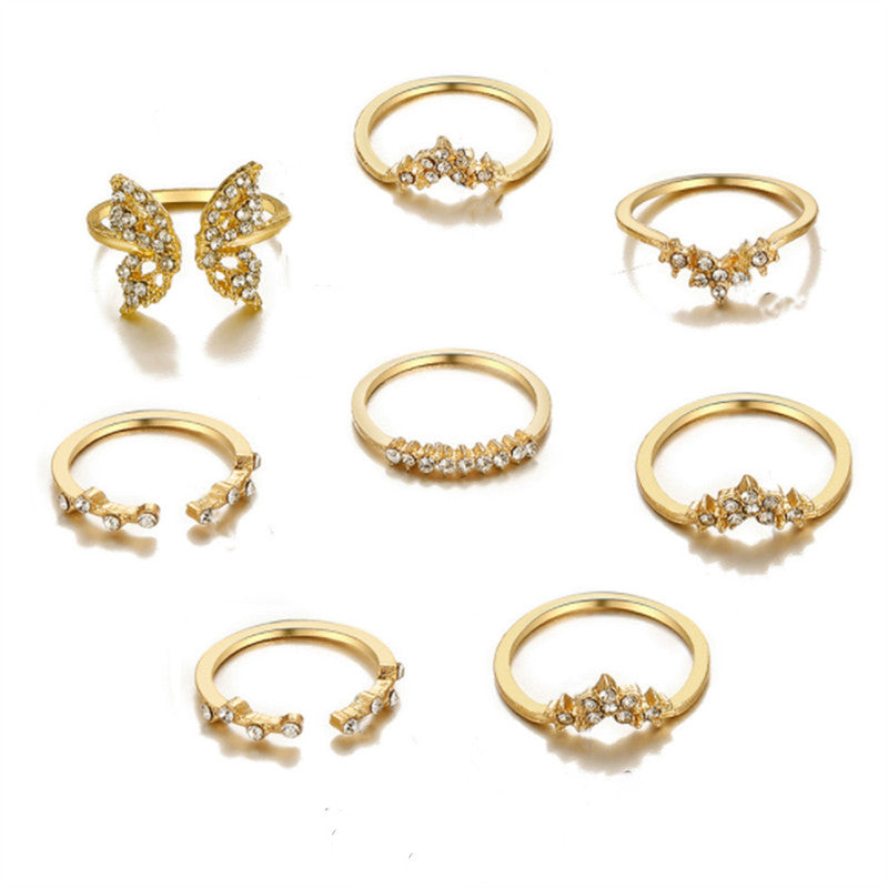 Gold Plated Contemporary Butterfly Inspired Stackable Rings Set of 8 For Women