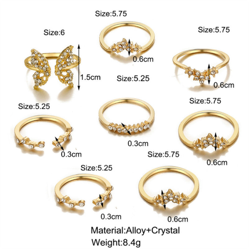 Gold Plated Contemporary Butterfly Inspired Stackable Rings Set of 8 For Women