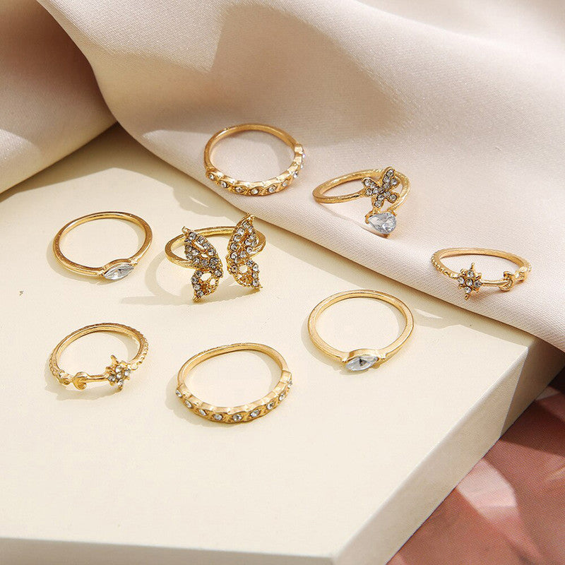 Gold Plated Contemporary Butterfly Inspired Stackable Rings Set of 8 For Women