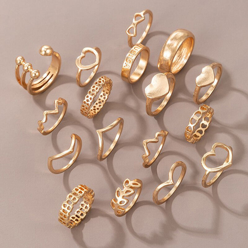 Women Gold Plated Contemporary Stackable Rings Set of 17