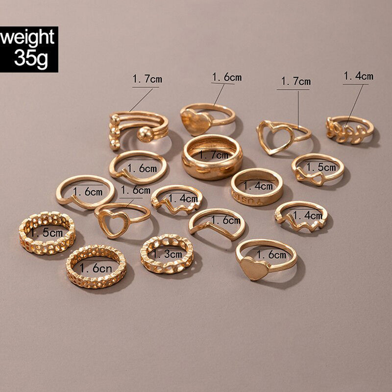 Women Gold Plated Contemporary Stackable Rings Set of 17