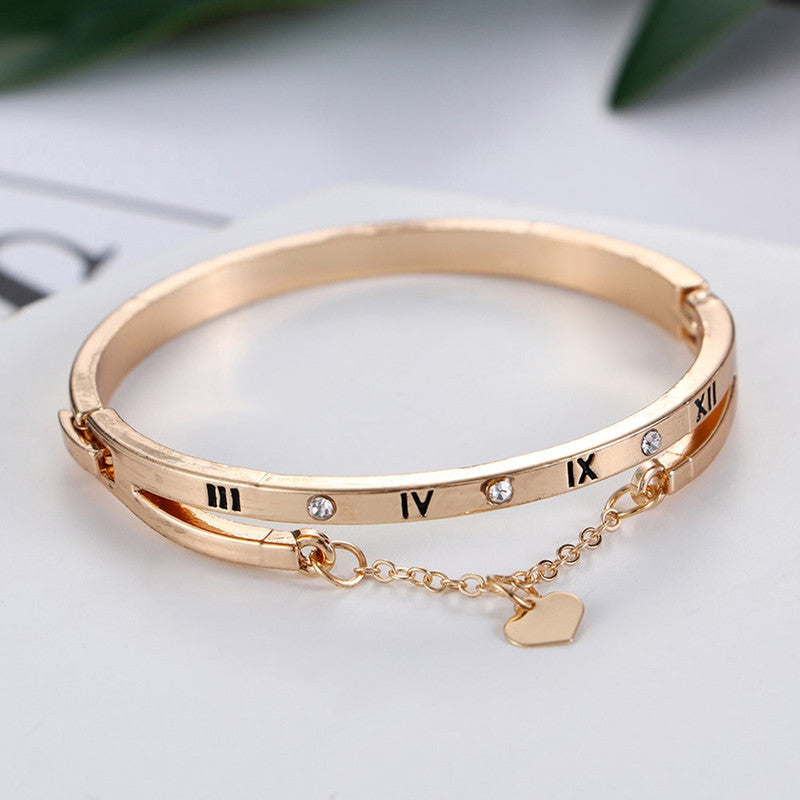 Gold Plated Roman Numbers engraved Stone Studded Korean Bracelet For Women and Girls