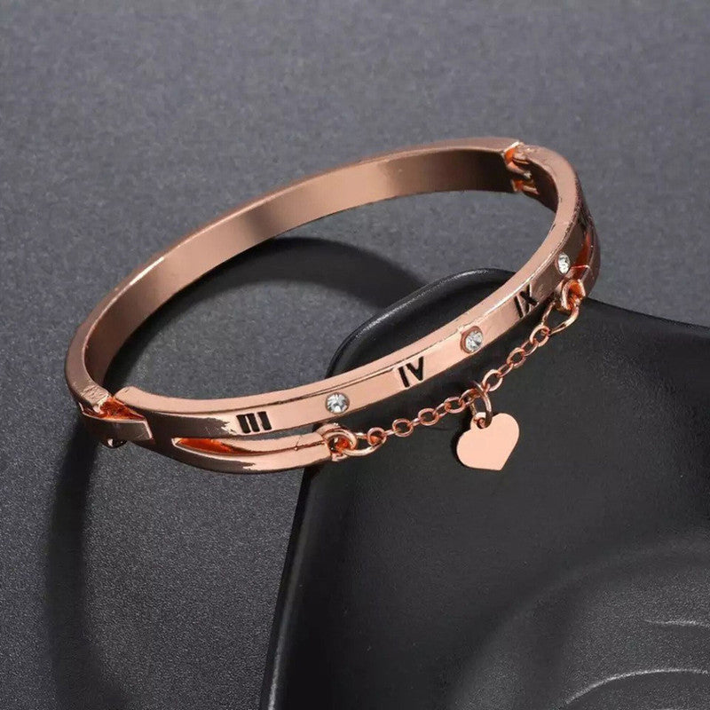 Rose Gold Plated Roman Numbers engraved Stone Studded Korean Bracelet For Women and Girls