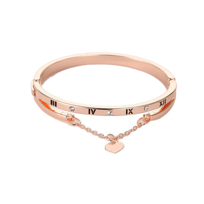 Rose Gold Plated Roman Numbers engraved Stone Studded Korean Bracelet For Women and Girls