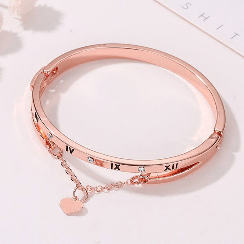 Rose Gold Plated Roman Numbers engraved Stone Studded Korean Bracelet For Women and Girls