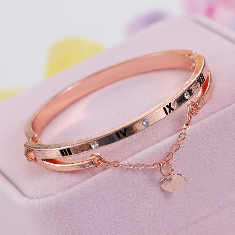 Rose Gold Plated Roman Numbers engraved Stone Studded Korean Bracelet For Women and Girls