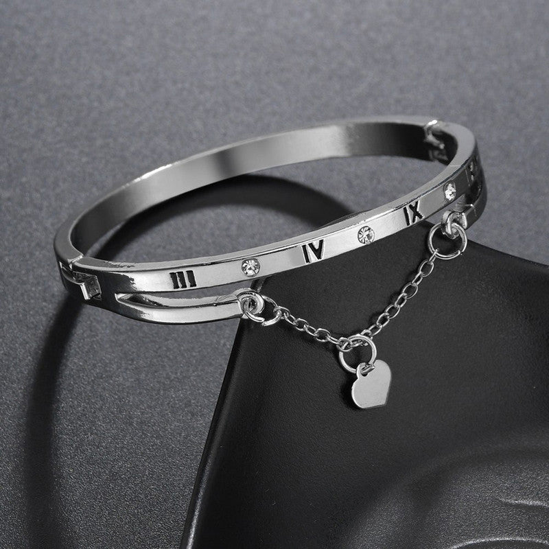 Silver Plated Roman Numbers engraved Stone Studded Korean Bracelet For Women and Girls