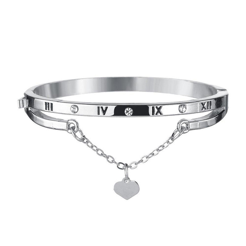 Silver Plated Roman Numbers engraved Stone Studded Korean Bracelet For Women and Girls