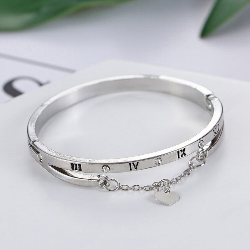 Silver Plated Roman Numbers engraved Stone Studded Korean Bracelet For Women and Girls