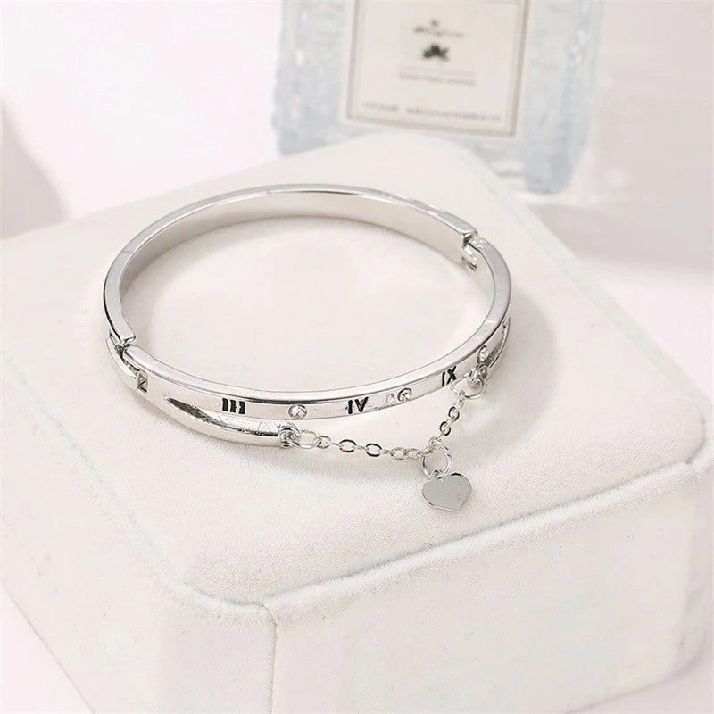 Silver Plated Roman Numbers engraved Stone Studded Korean Bracelet For Women and Girls