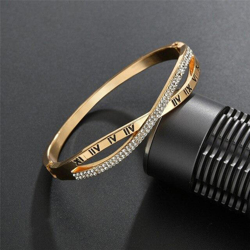 Gold Plated Roman Numbers engraved Stone Studded Korean Bracelet For Women and Girls