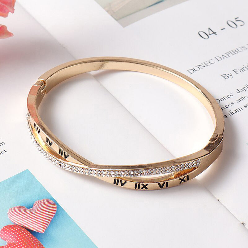 Gold Plated Roman Numbers engraved Stone Studded Korean Bracelet For Women and Girls