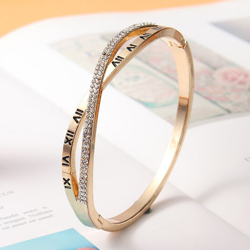 Gold Plated Roman Numbers engraved Stone Studded Korean Bracelet For Women and Girls