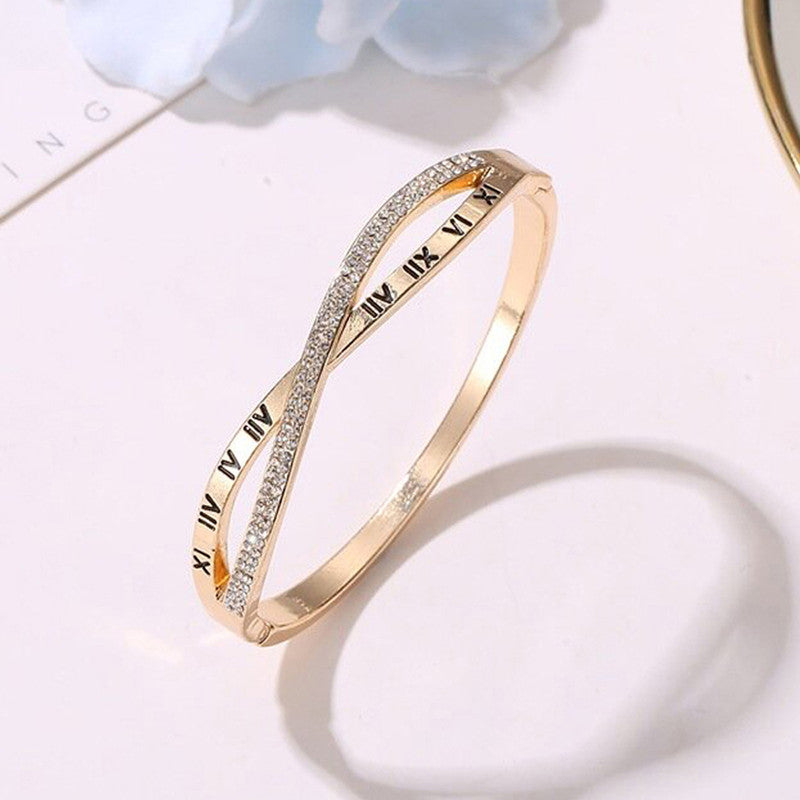 Gold Plated Roman Numbers engraved Stone Studded Korean Bracelet For Women and Girls