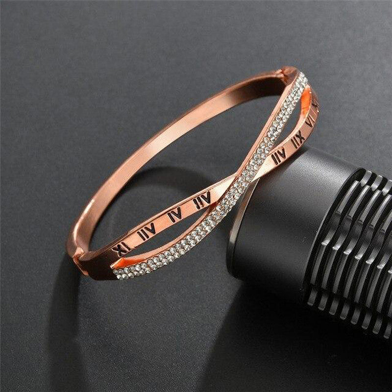 Rose Gold Plated Roman Numbers engraved Stone Studded Korean Bracelet For Women and Girls