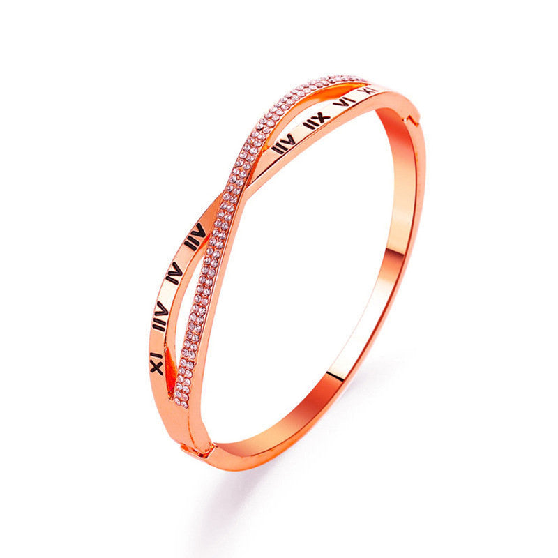 Rose Gold Plated Roman Numbers engraved Stone Studded Korean Bracelet For Women and Girls