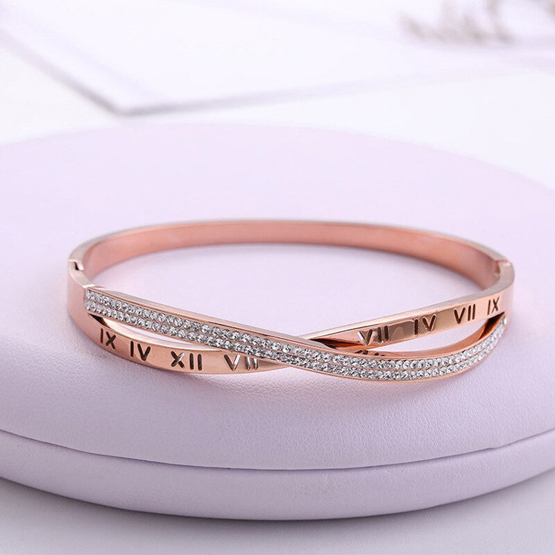 Rose Gold Plated Roman Numbers engraved Stone Studded Korean Bracelet For Women and Girls