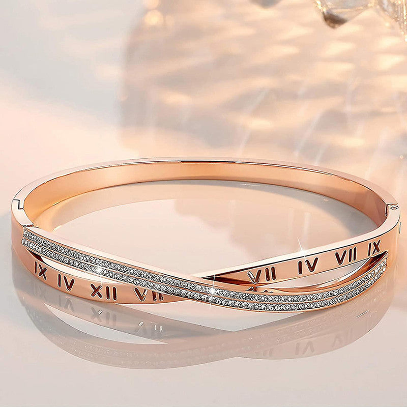 Rose Gold Plated Roman Numbers engraved Stone Studded Korean Bracelet For Women and Girls