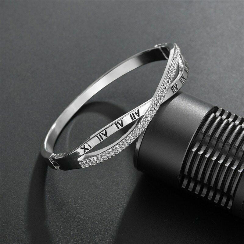 Silver Plated Roman Numbers engraved Stone Studded Korean Bracelet For Women and Girls