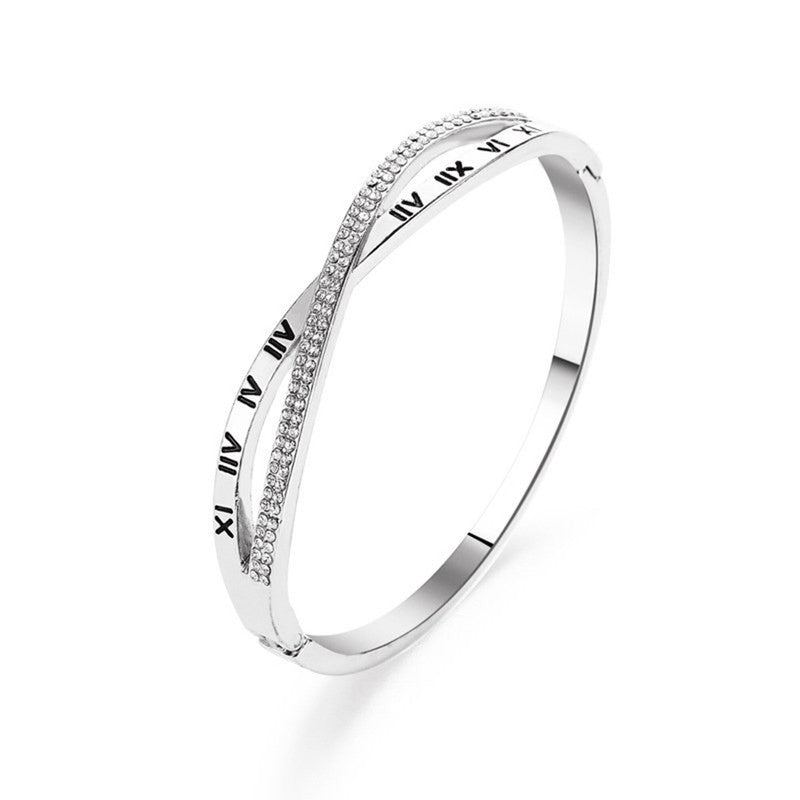 Silver Plated Roman Numbers engraved Stone Studded Korean Bracelet For Women and Girls