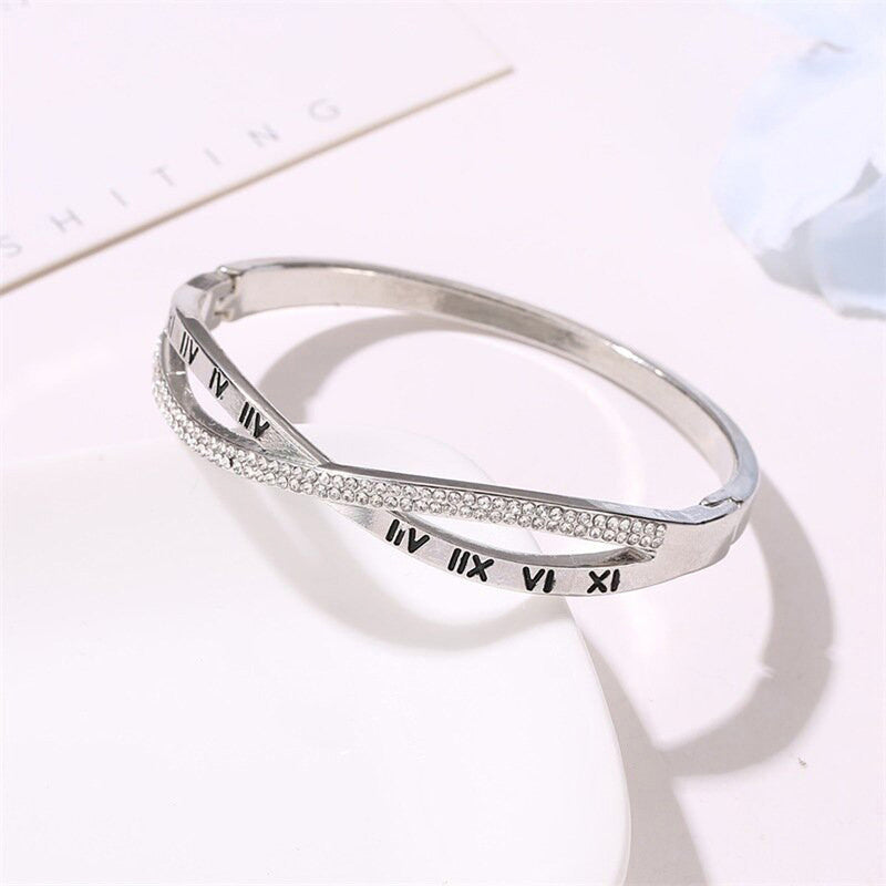 Silver Plated Roman Numbers engraved Stone Studded Korean Bracelet For Women and Girls