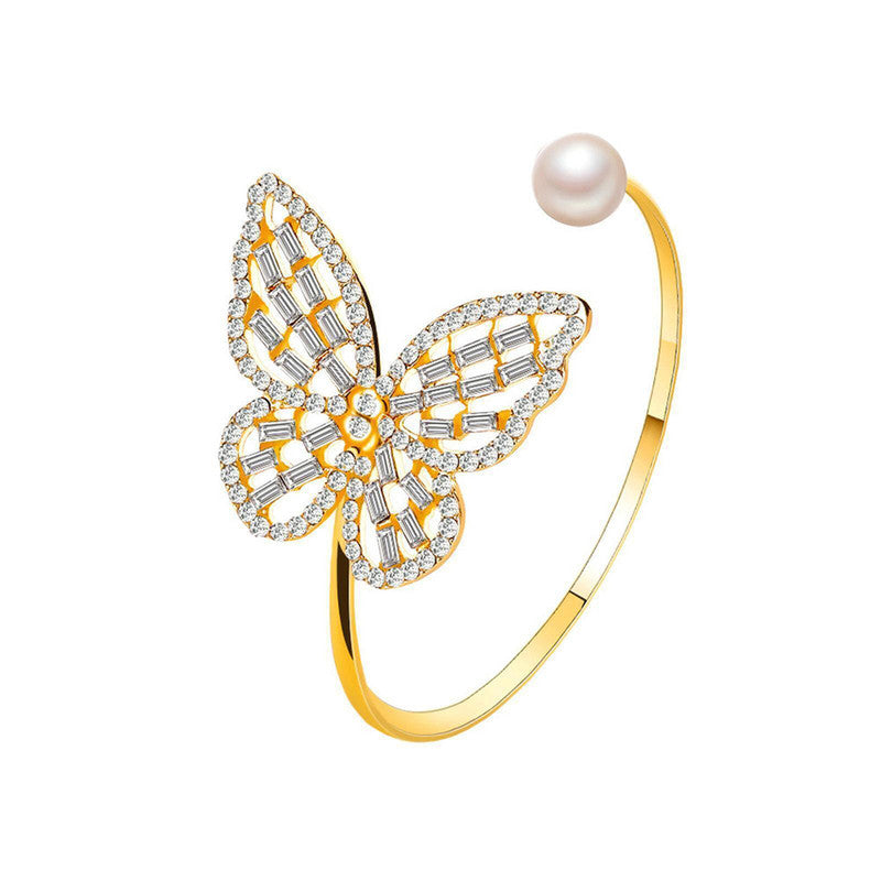 Gold Plated Butterfly inspired Stone Studded Korean Cuff Bracelet For Women and Girls